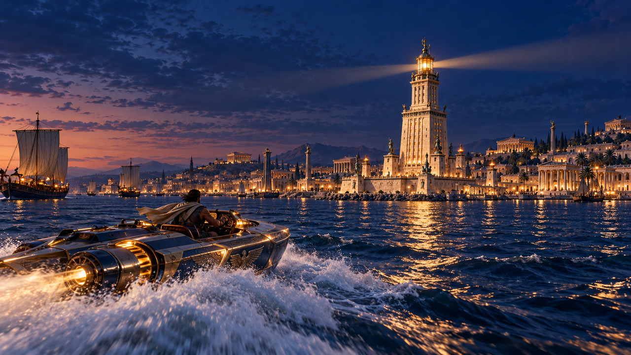 A courier vessel throws spray as it approaches the tiered Lighthouse and Alexandria harbor at dusk.
