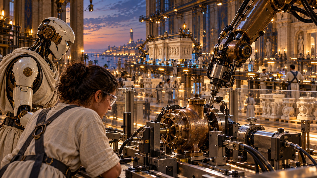 A human engineer and machine colleague inspect a pump test behind a clear shield in the Foundry.