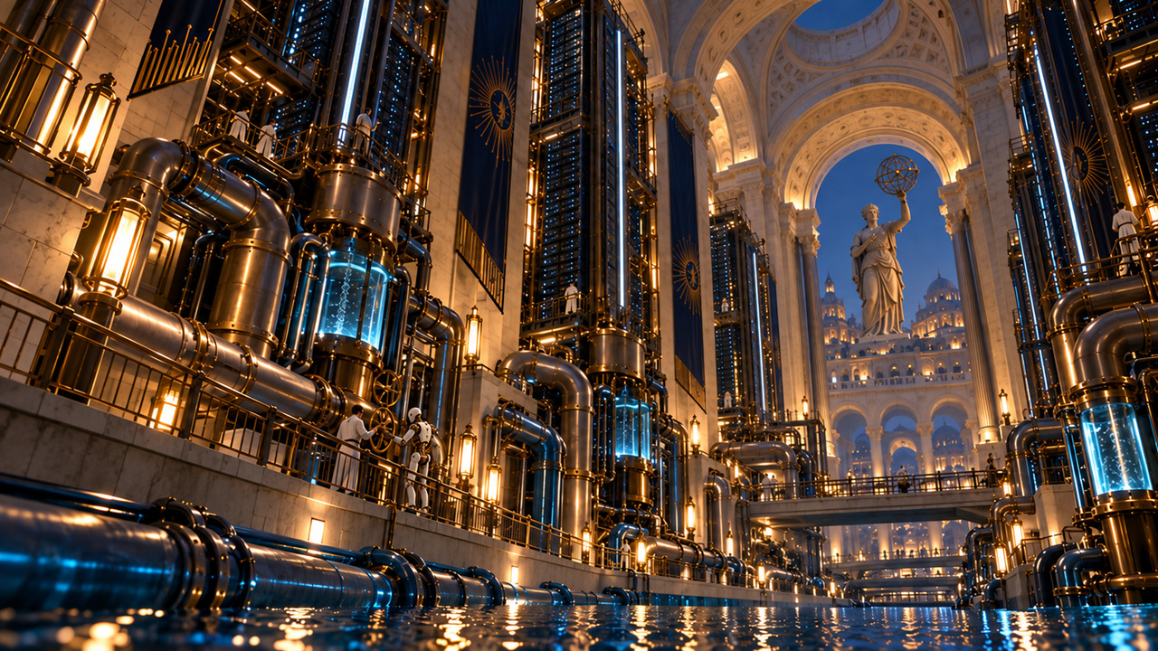 Compute towers, bronze cooling pipes and water channels dwarf maintenance workers in a vaulted hall.