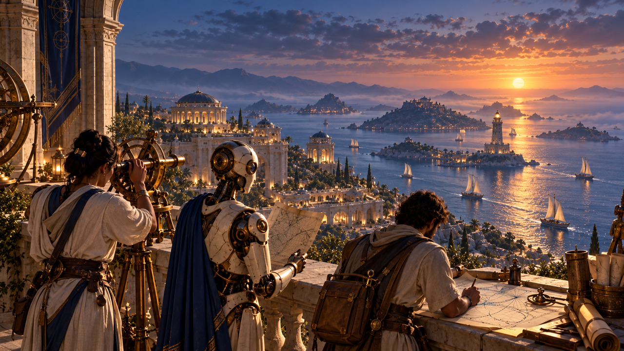 A mixed scouting team uses an optical instrument and route maps overlooking the harbor and distant routes.