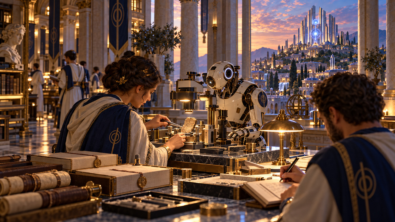 Researchers and an agent examine an artifact in a test jig with provenance folders beside them.
