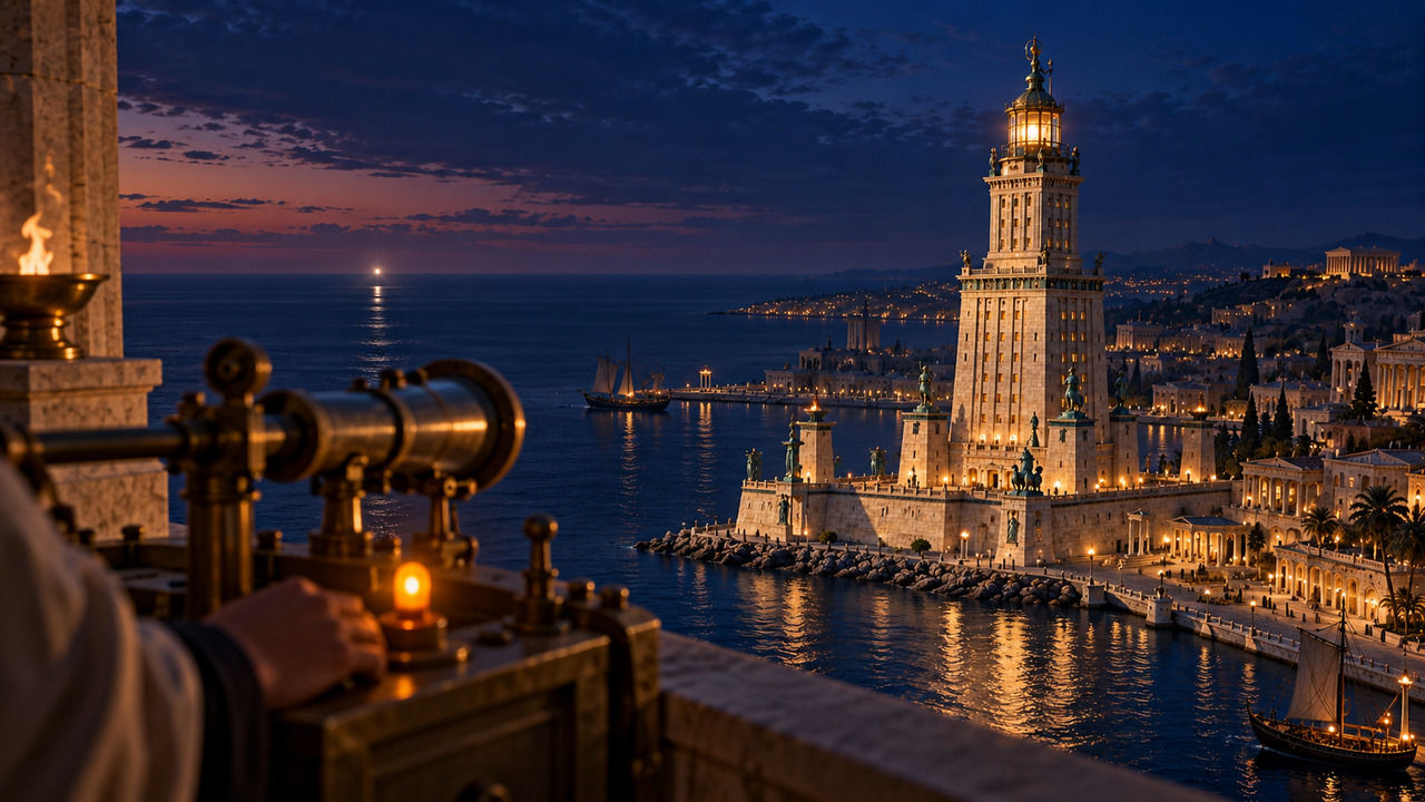 A small receiver indicator glows on a balcony overlooking the Lighthouse and a distant point of light.