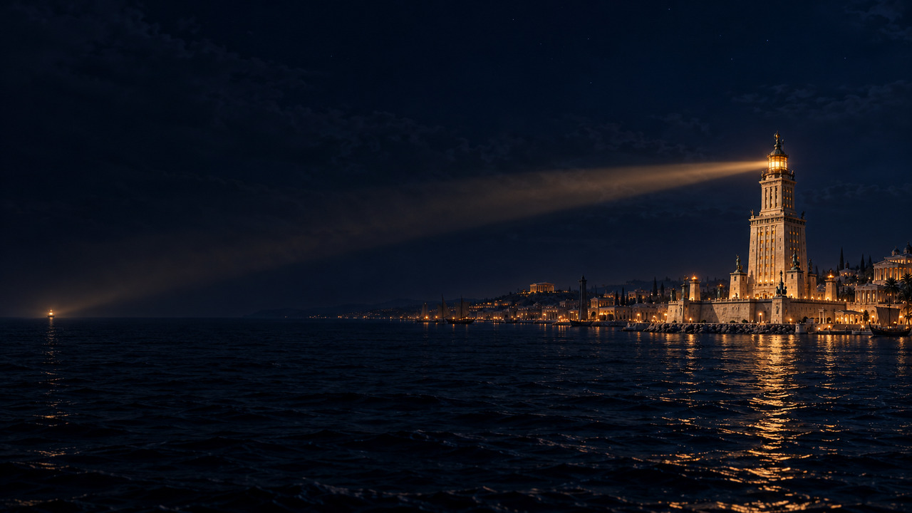 The Lighthouse casts a beam across dark sea toward one distant light, with the city at the edge of the frame.