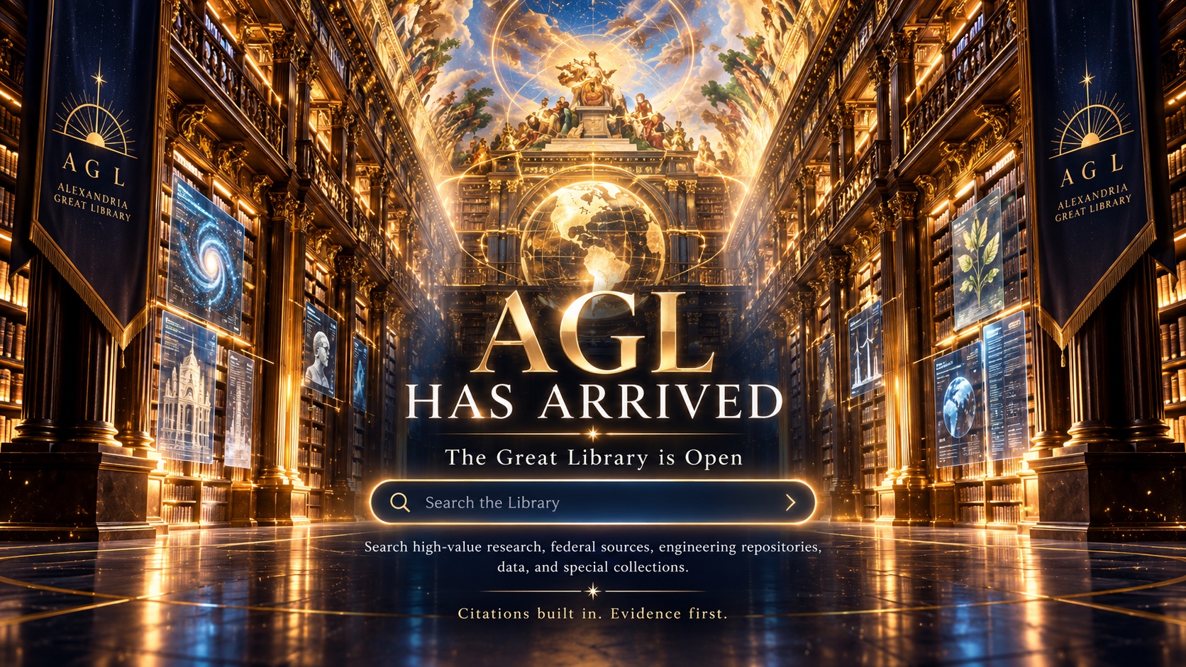 AGL HAS ARRIVED — Alexandria’s Great Library founding announcement in a monumental gold-and-navy library.