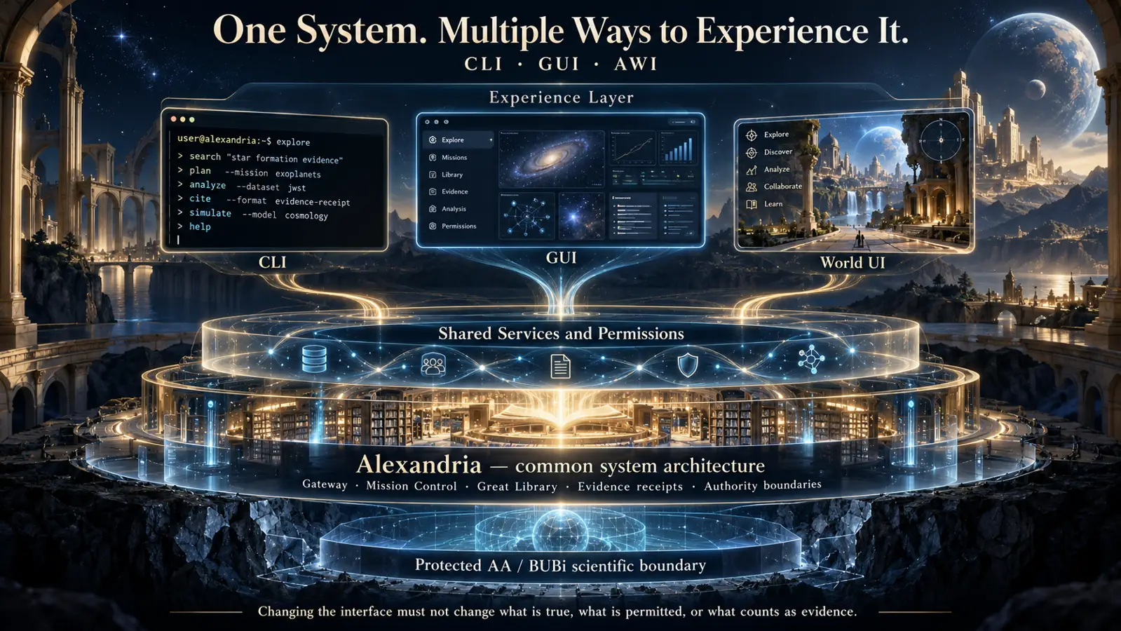 Illustrative Alexandria multiview architecture diagram: CLI, GUI, and AWI connect through shared services and permissions; protected AA and BUBi scientific boundary remains separate