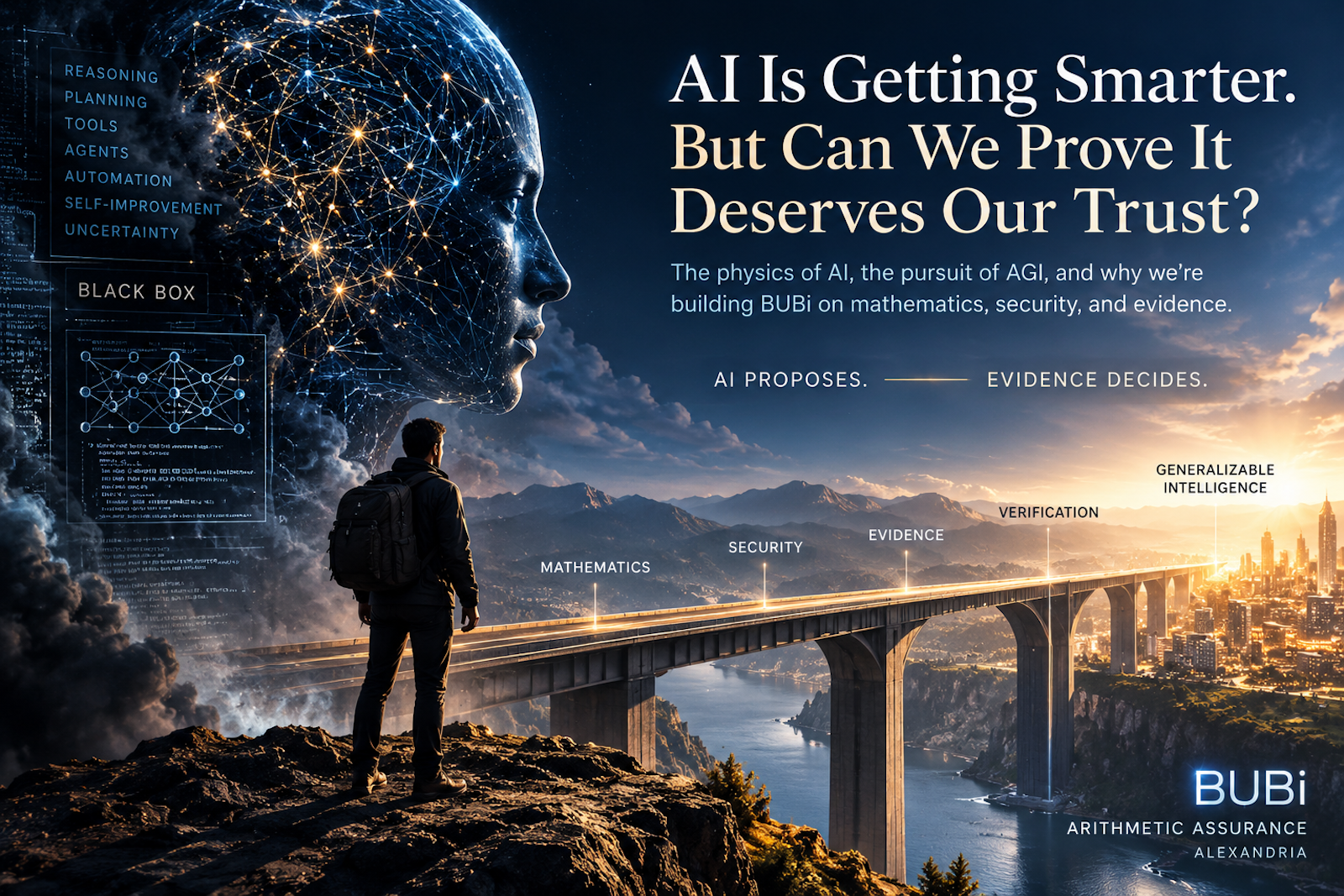 Concept graphic showing a networked AI face, a bridge from mathematics through security, evidence and verification toward generalizable intelligence, with the message AI is getting smarter but trust still needs evidence.